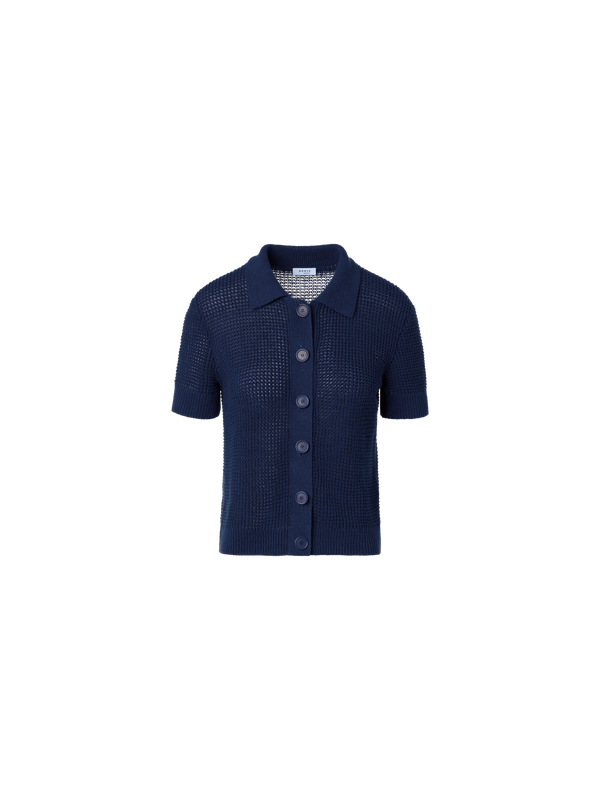 Designer Kurzärmliger Strick-Cardigan aus Leinen-Baumwolle - Dunkelblau - Blau