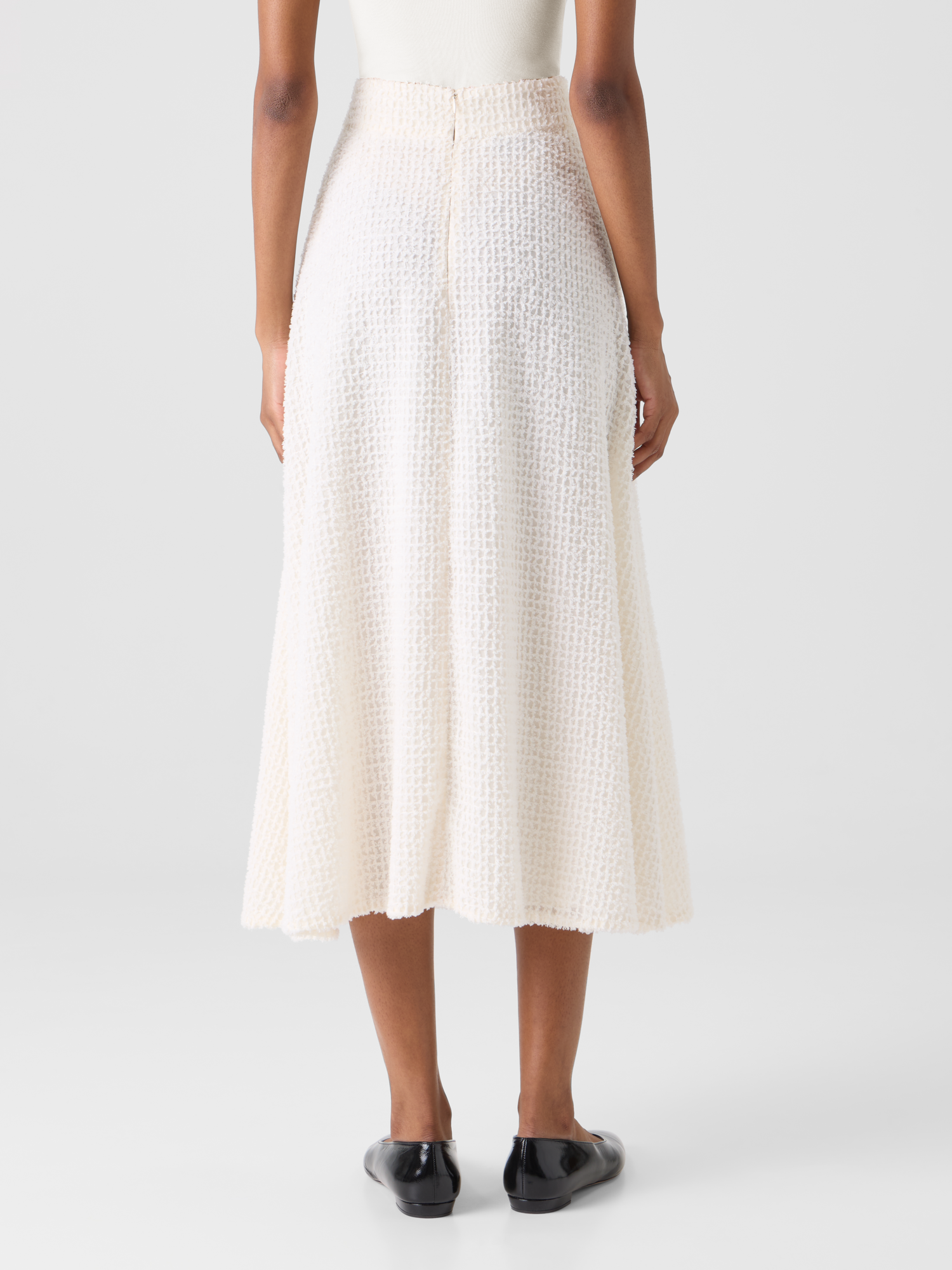 Designer Ausgestellter Midirock aus Fransen-Gitter - Ecru
