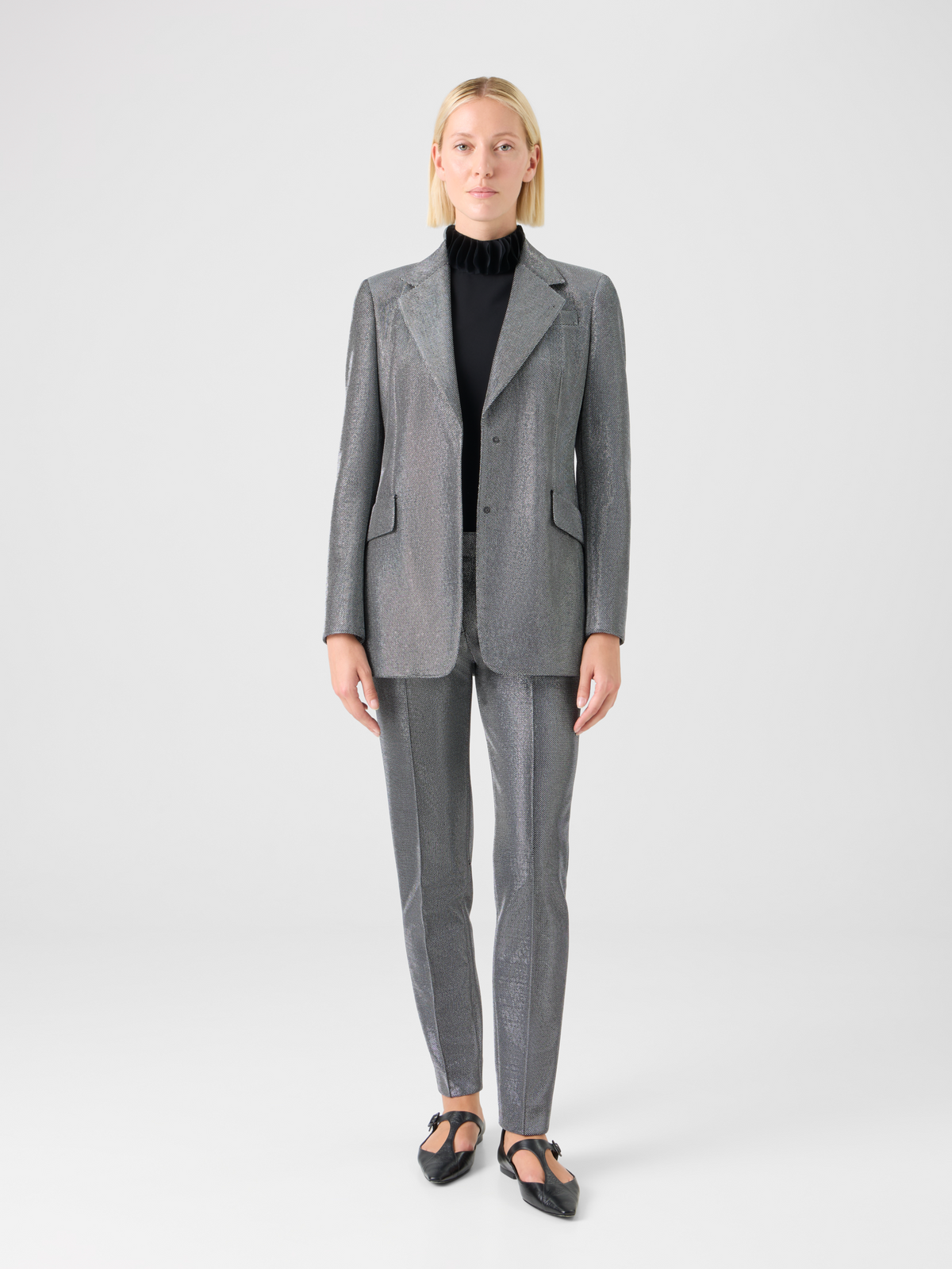 Designer Blazer aus Metallic-Vogelaugen-Jersey - Grau - Silber #editorial