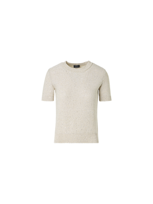 Designer Kurzärmliger Leinen-Baumwoll-Pullover mit Pailletten - Beige