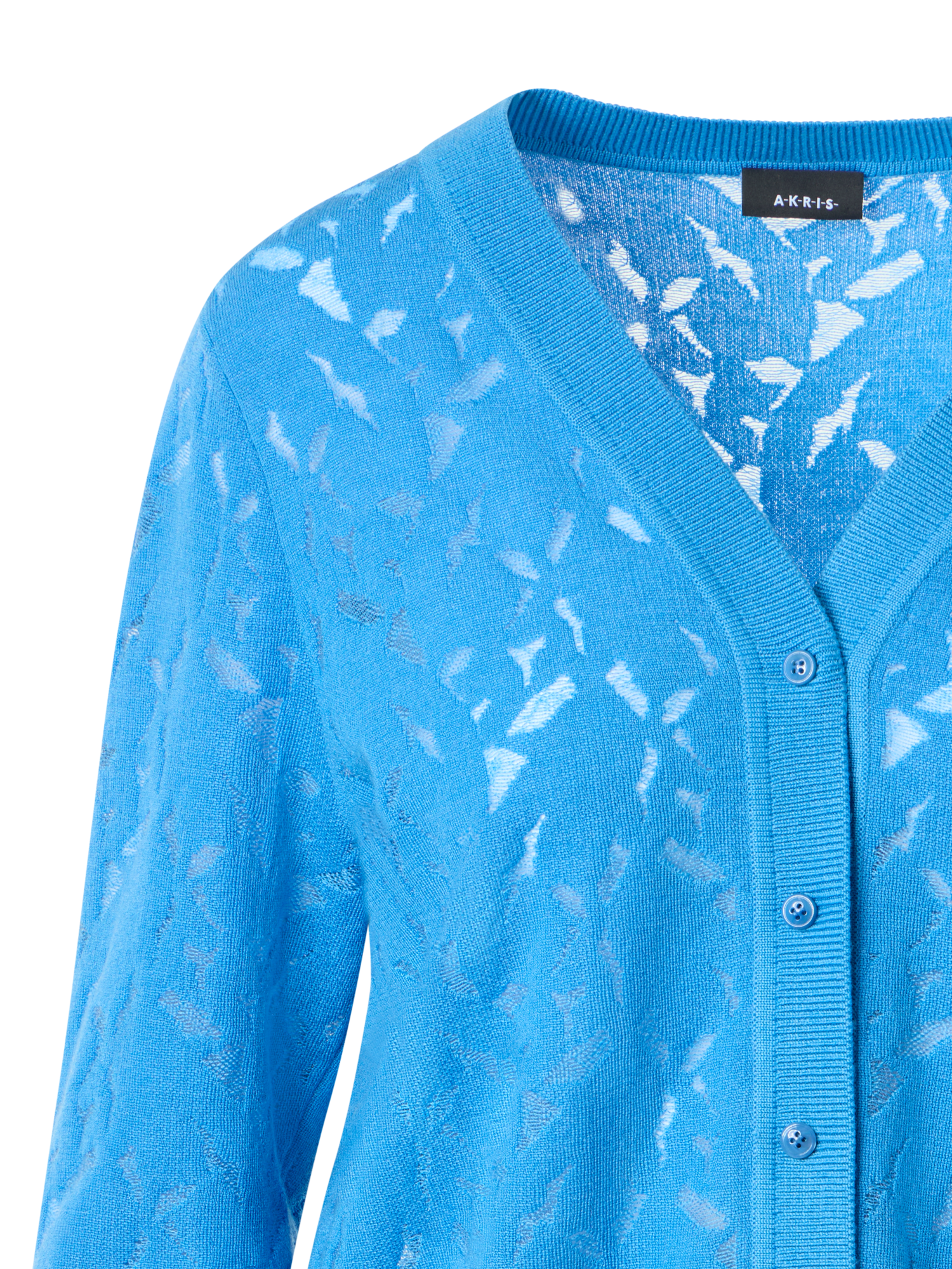 Designer Woll-Seiden-Cardigan mit Whitecaps-Intarsienmuster - Blau