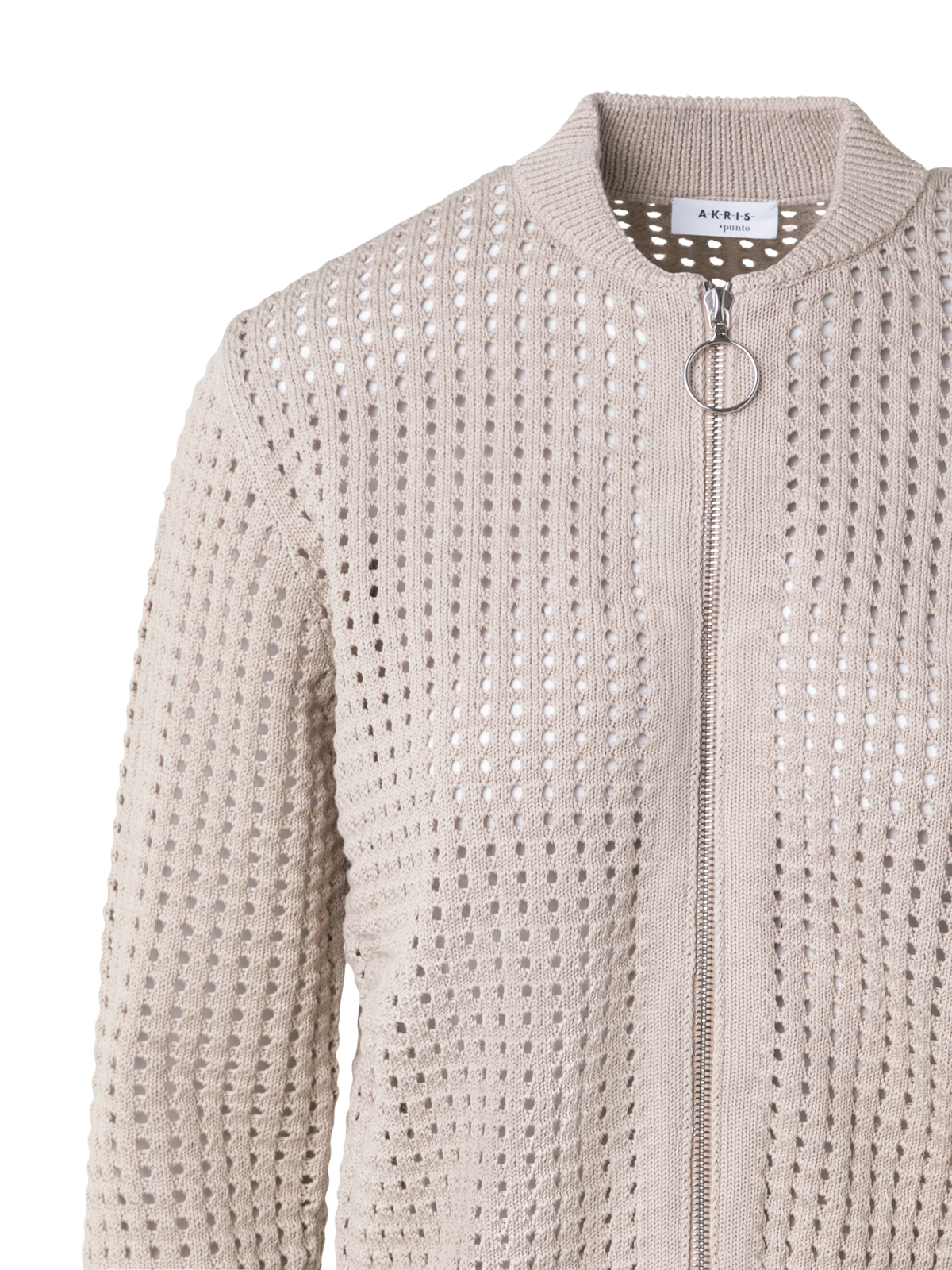 Designer Baumwoll-Mesh-Strickjacke im Bomber-Stil - Beige