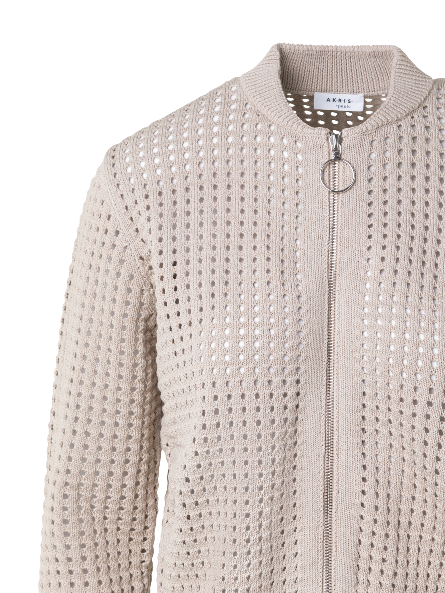 Designer Baumwoll-Mesh-Strickjacke im Bomber-Stil - Beige