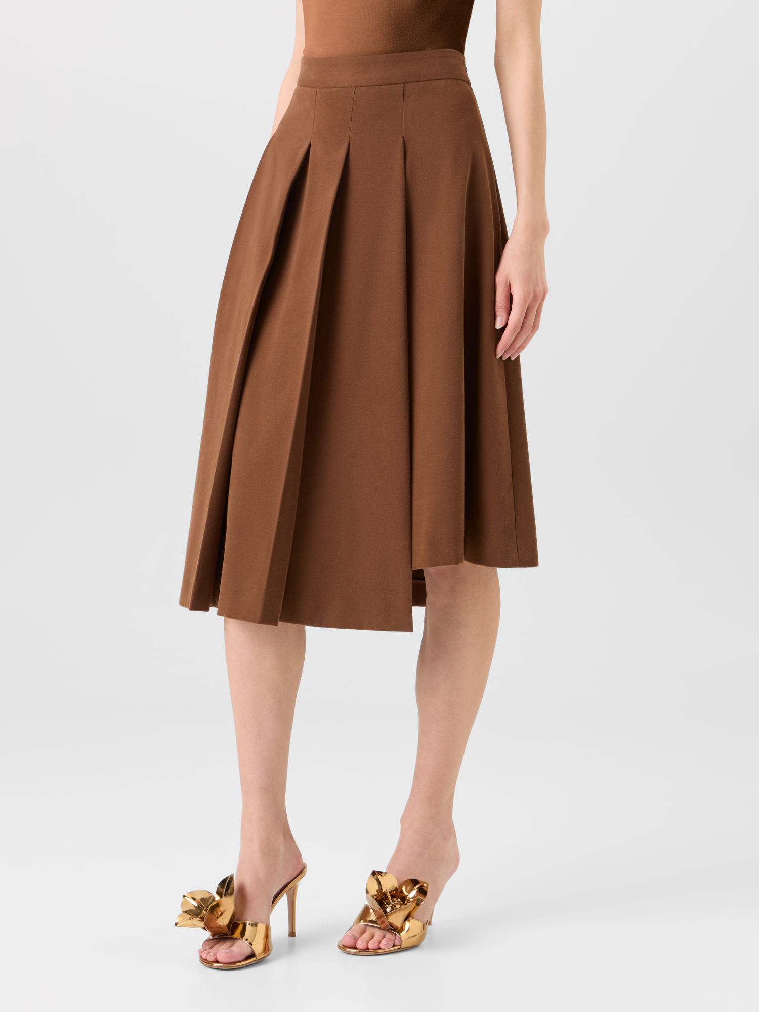 Designer Midirock aus Baumwoll-Woll-Gabardine mit Seitenfalten - Braun 