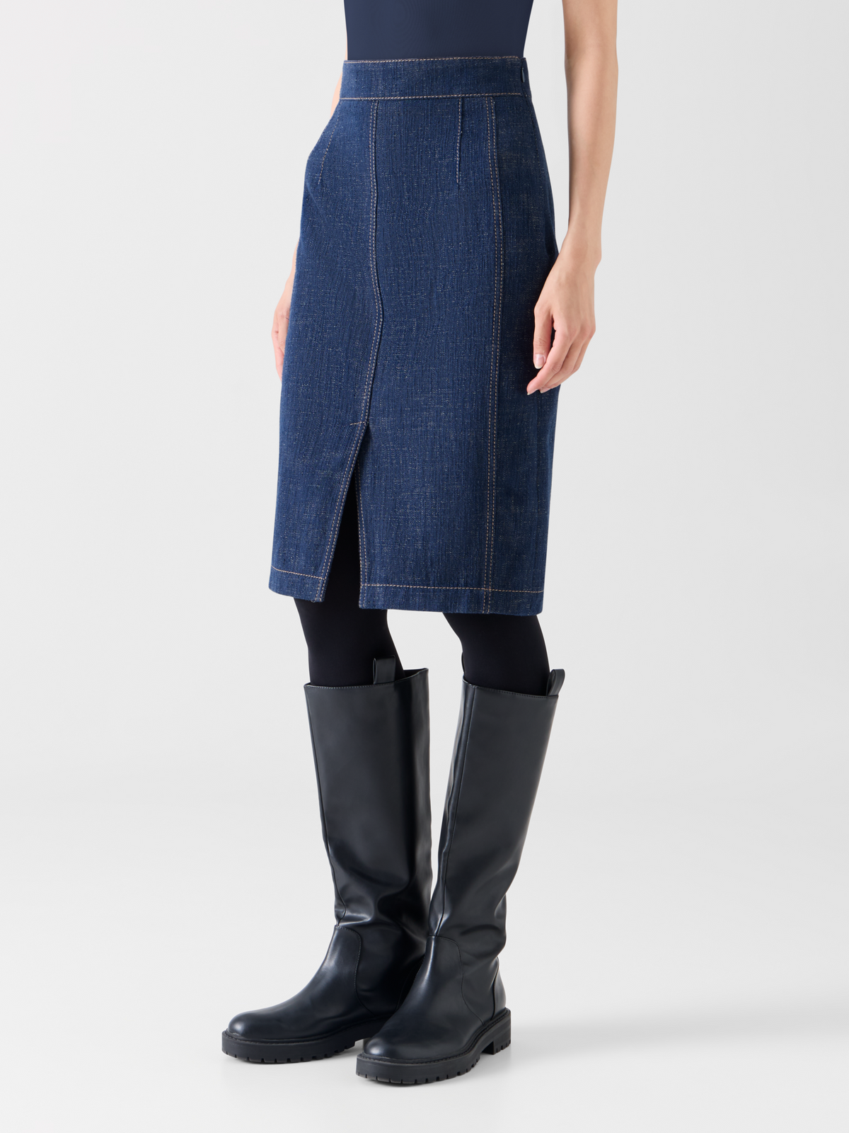 Designer Bleistiftrock aus Winter-Denim mit hohem Bund - Dunkelblau - Blau 