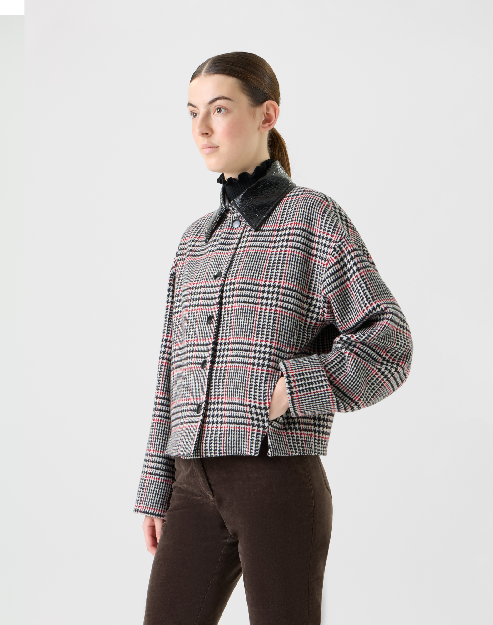 Designer Glencheck Tweed Jacke mit Imitat Leder Kragen - Schwarz - Bunt 