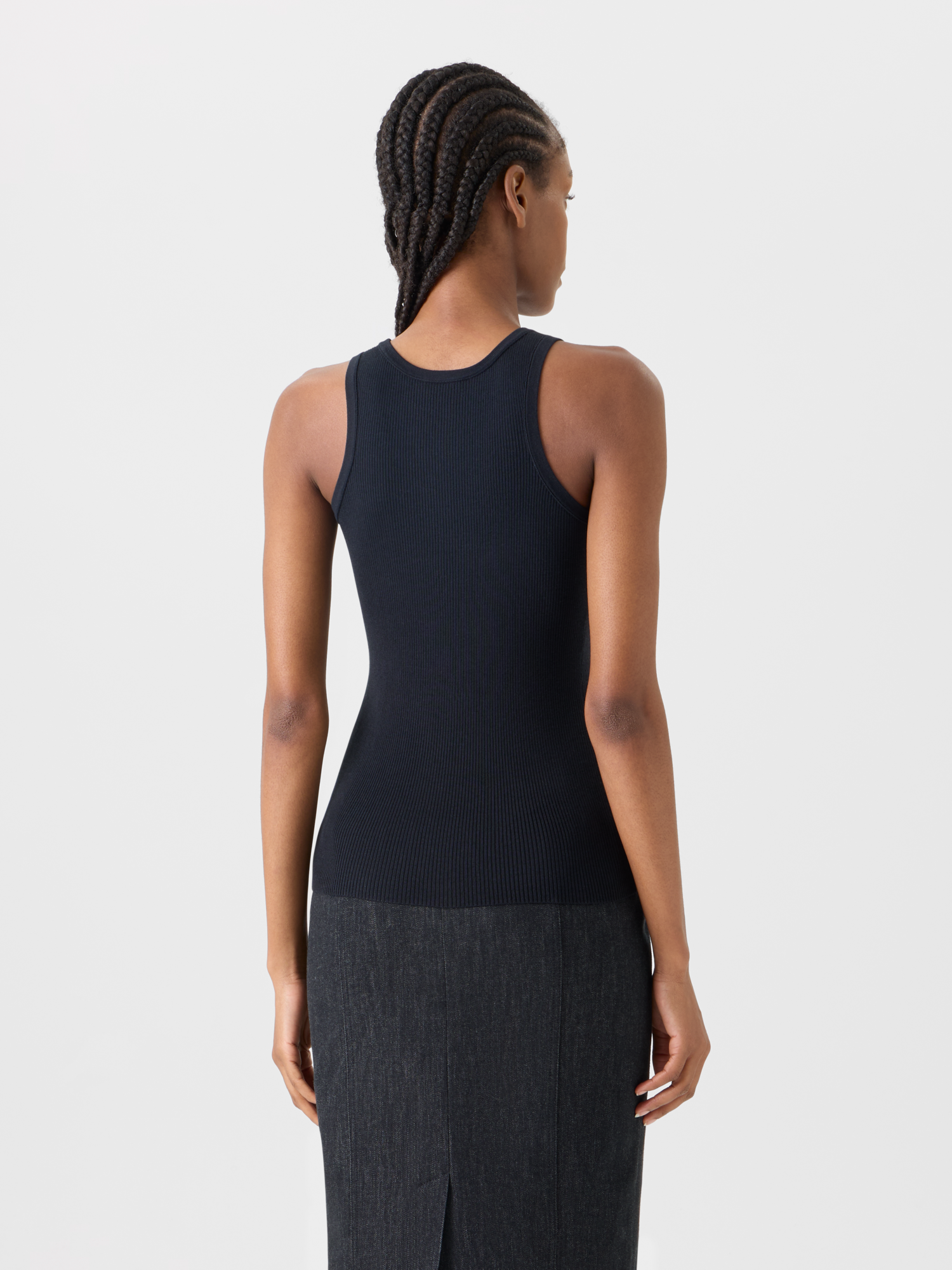 Designer Ärmelloses geripptes Seidenstrick-Top - Schwarz 