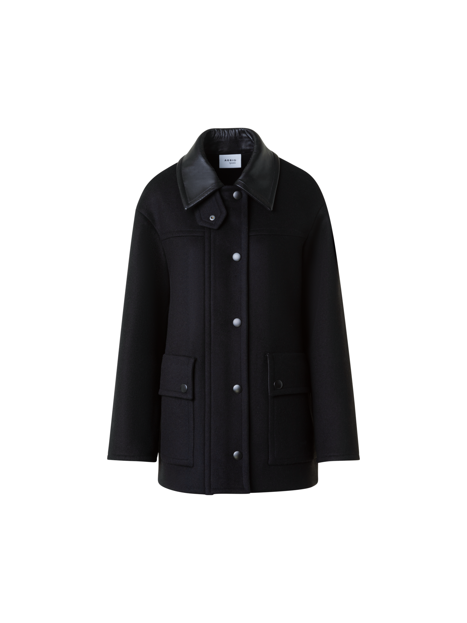 Designer Gewalkte Woll-Jacke  mit Lederimitat Kragen - Schwarz