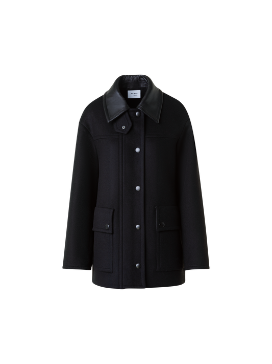 Designer Gewalkte Woll-Jacke  mit Lederimitat Kragen - Schwarz