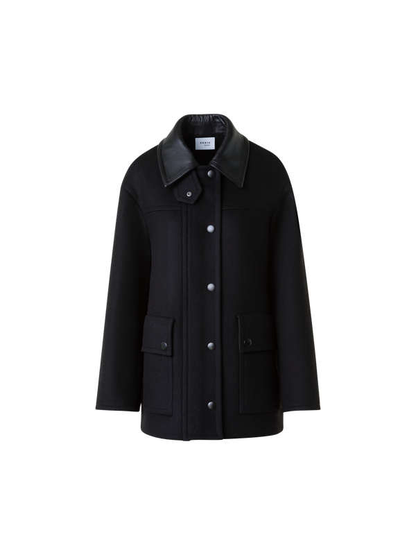 Designer Gewalkte Woll-Jacke  mit Lederimitat Kragen - Schwarz