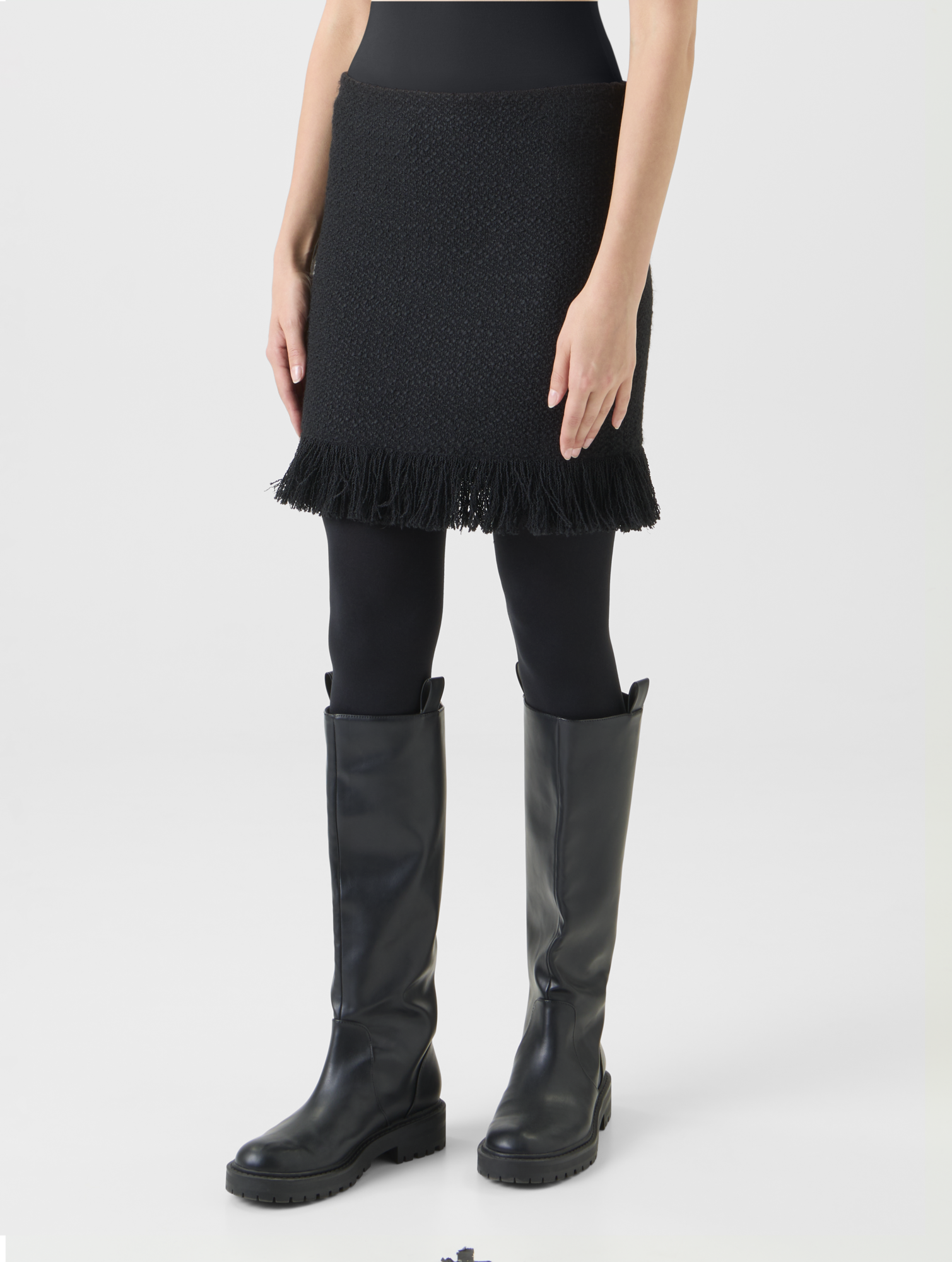 Designer Tweed Bouclé Fransen Saum Minirock - Schwarz 