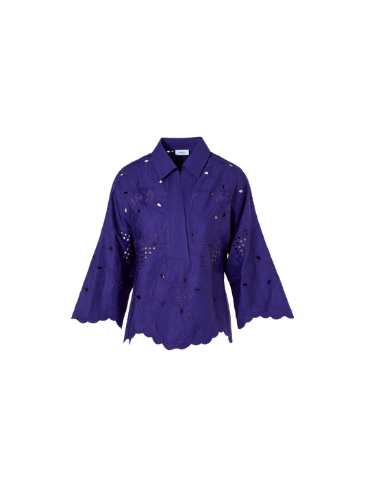 Designer 3/4-Arm-Bluse mit Blumen-Lochstickerei - Violett