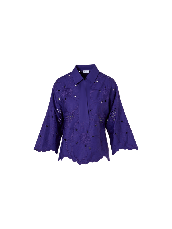 Designer 3/4-Arm-Bluse mit Blumen-Lochstickerei - Violett