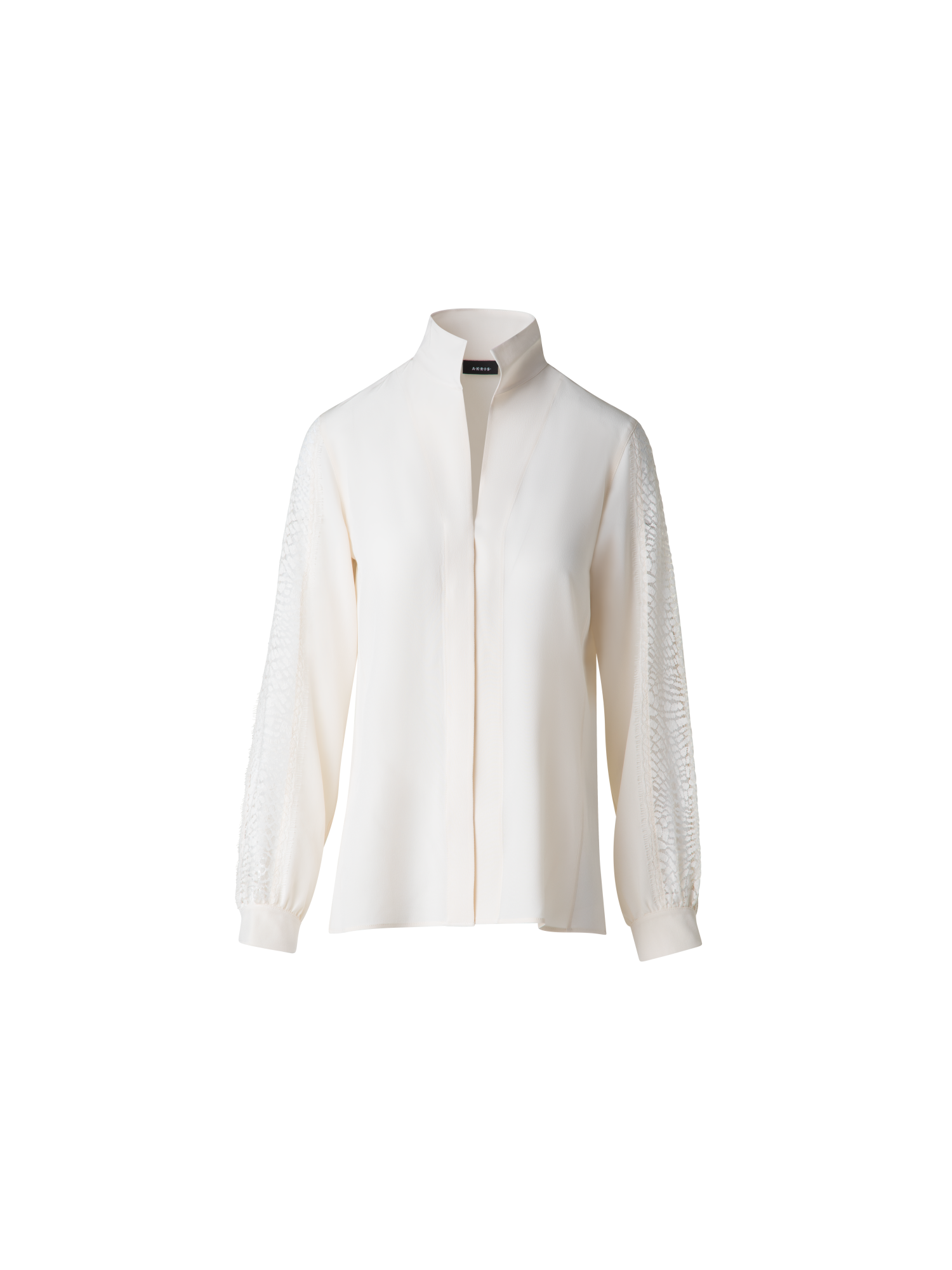 Designer Seidenbluse mit Wellen-Spitze - Ecru - Weiss