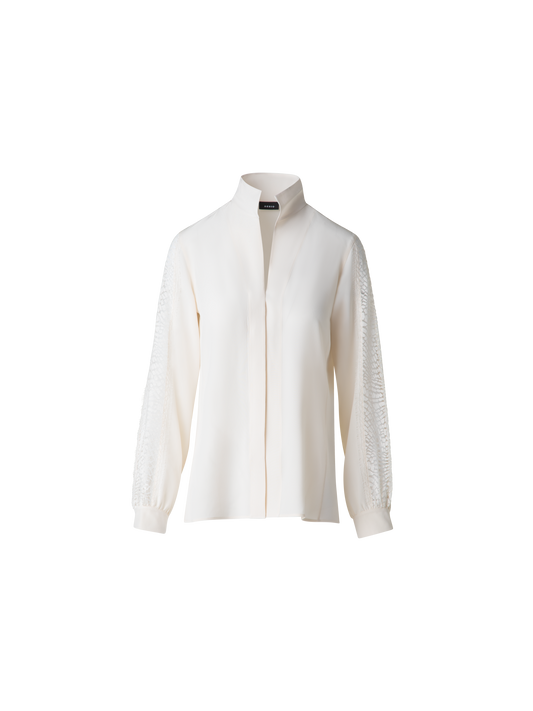 Designer Seidenbluse mit Wellen-Spitze - Ecru - Weiss
