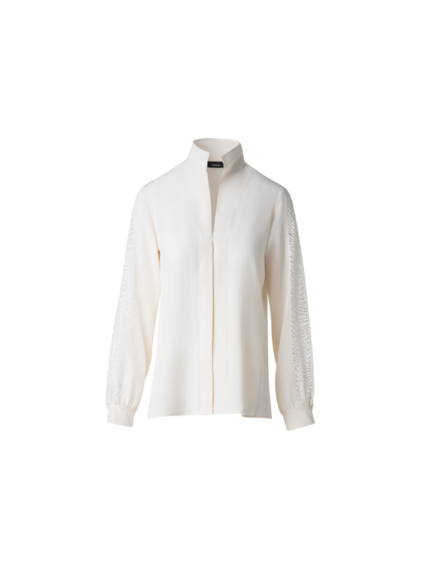 Designer Seidenbluse mit Wellen-Spitze - Ecru - Weiss