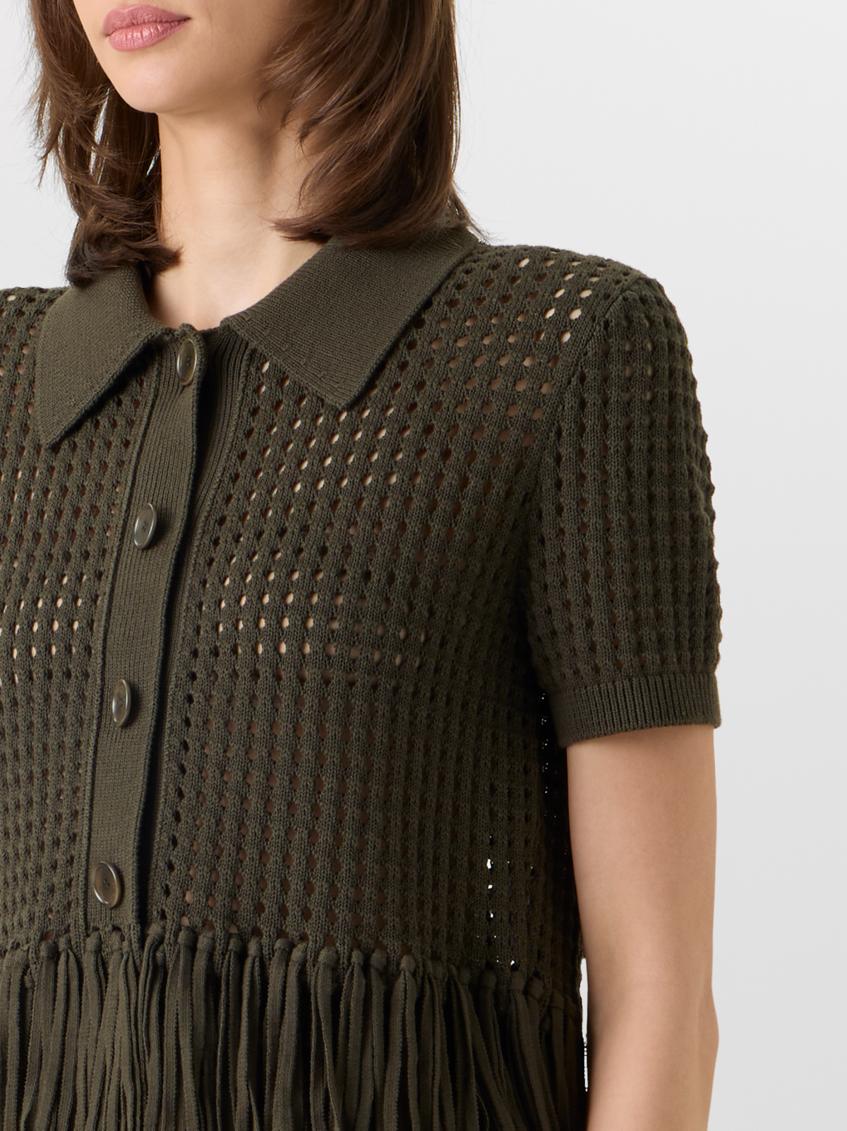 Designer Kurzärmelige Strickjacke aus grobem Baumwoll-Mesh - Grün #editorial