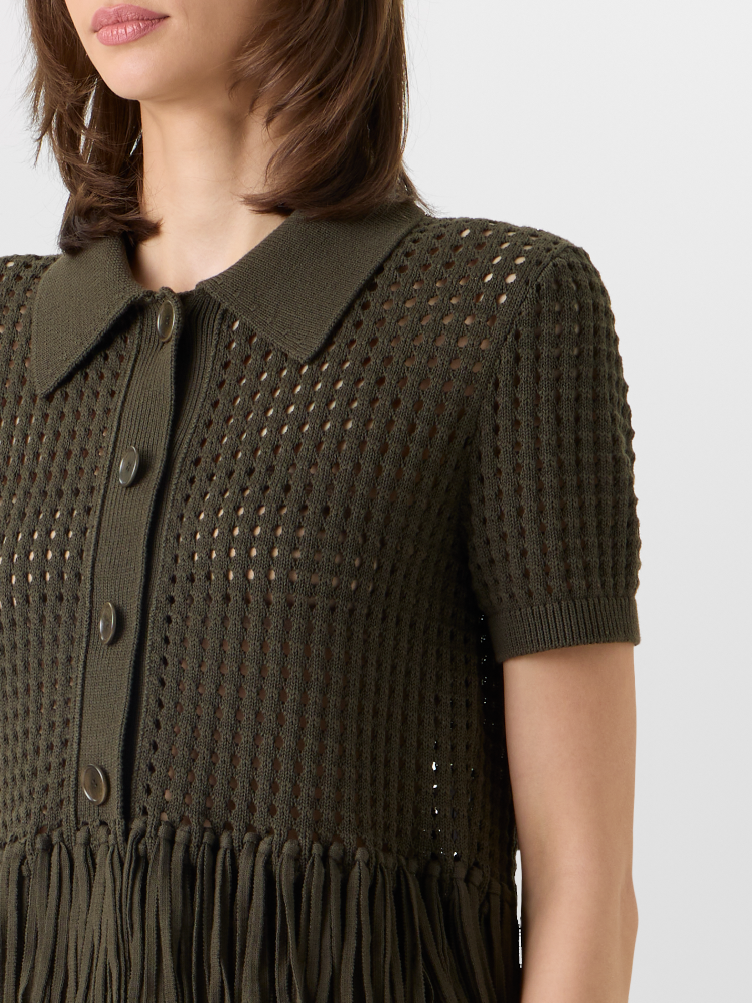 Designer Kurzärmelige Strickjacke aus grobem Baumwoll-Mesh - Grün 