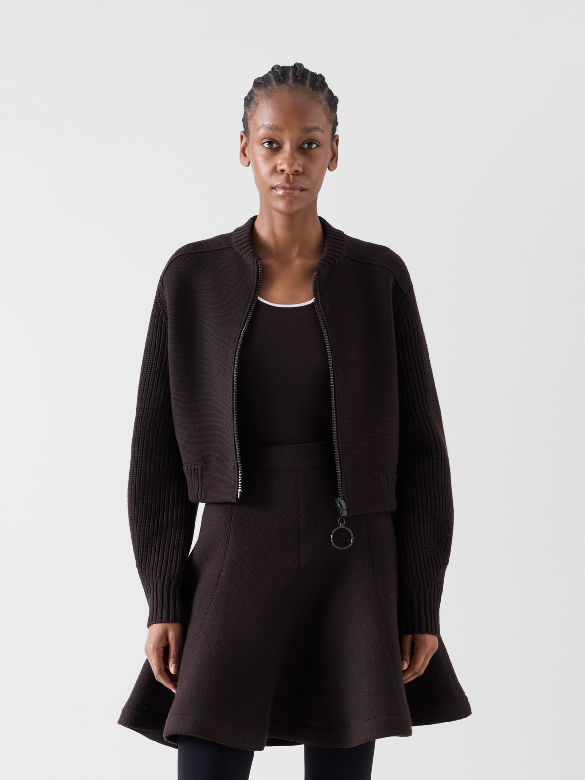 Designer Bomber-Cardigan aus Merinowolle - Braun 