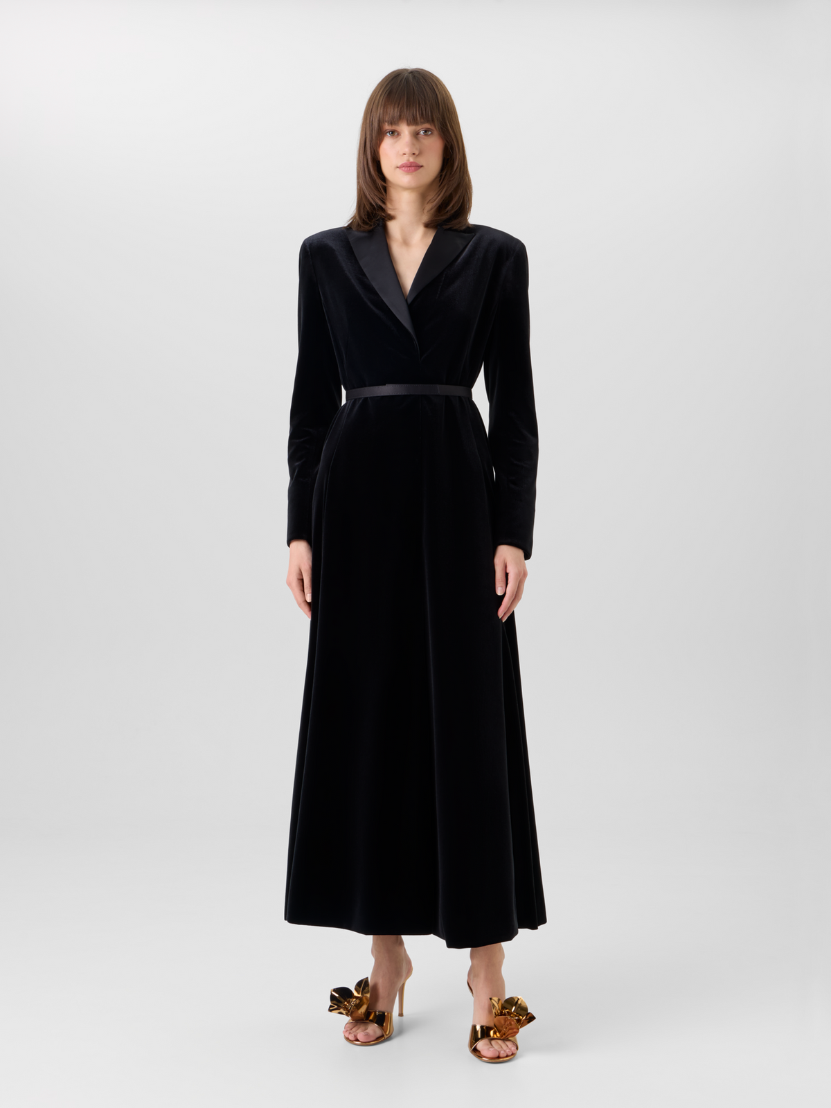 Designer Midikleid aus Samt mit Satin-Revers - Schwarz 