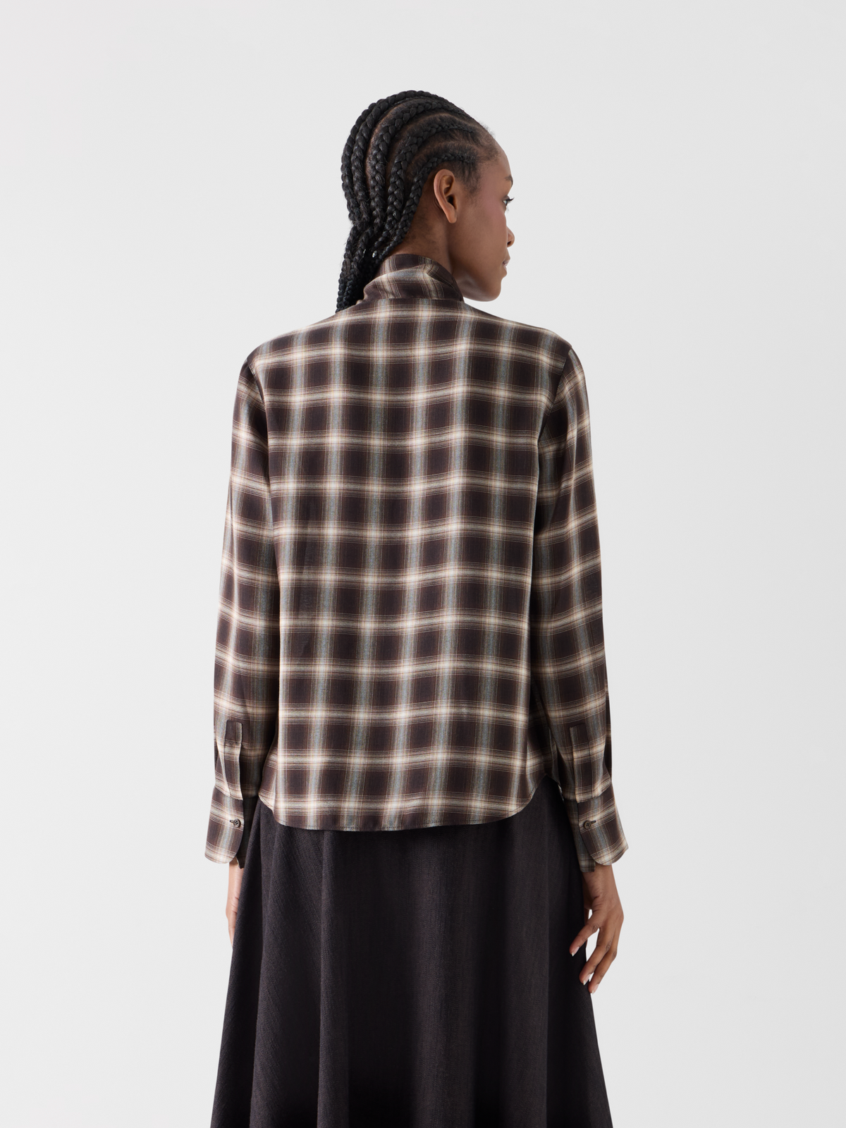 Designer Karierte Bluse in Woll-Shelley mit Schleifenkragen - Braun - Bunt 