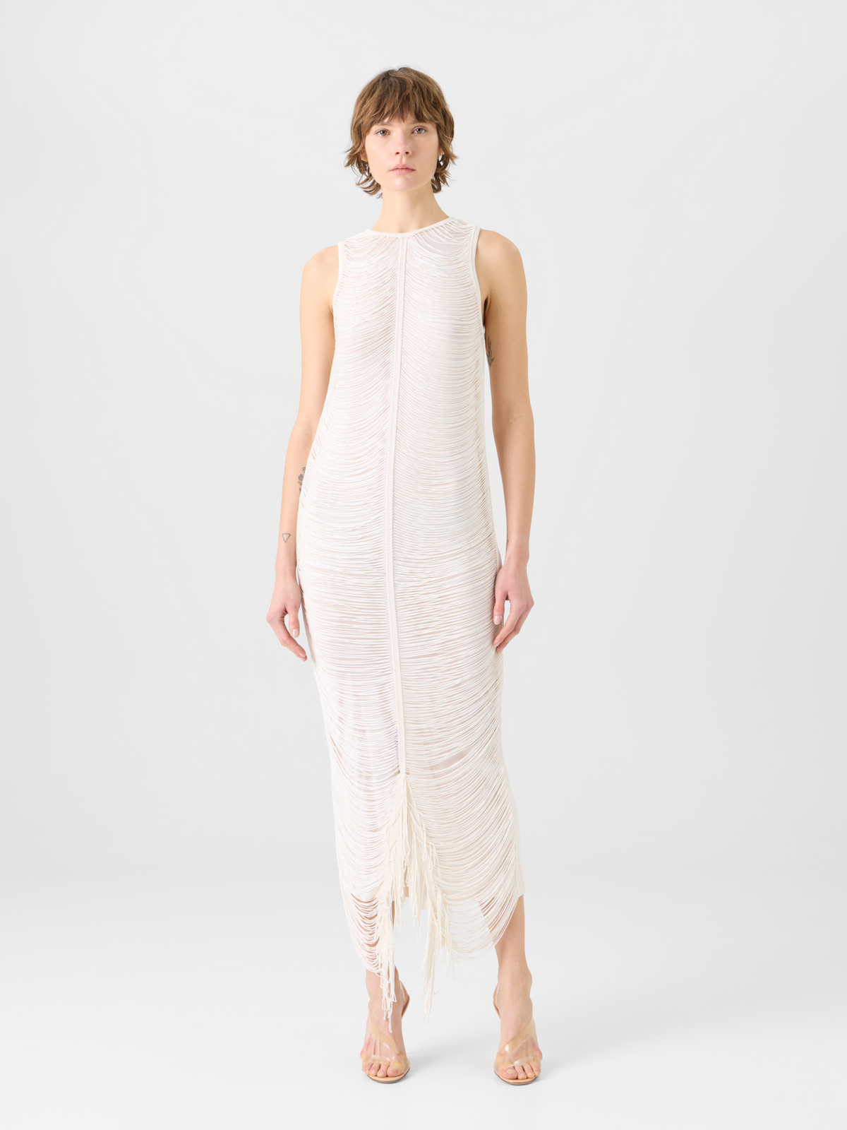 Designer Ärmelloses Maxi-Strickkleid aus Seide mit Fransendrapierung - Ecru #editorial