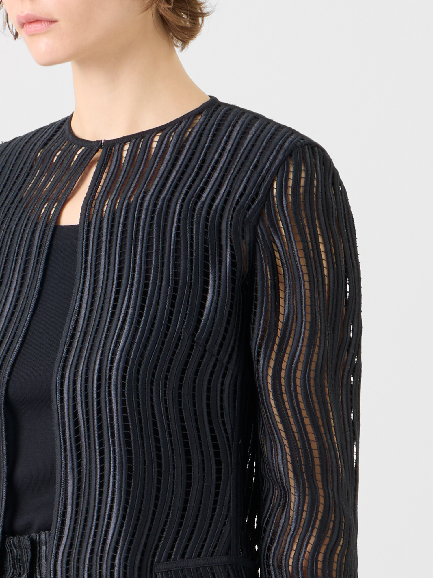 Designer Hekka lange transparente Jacke aus Wave-Guipure - Schwarz