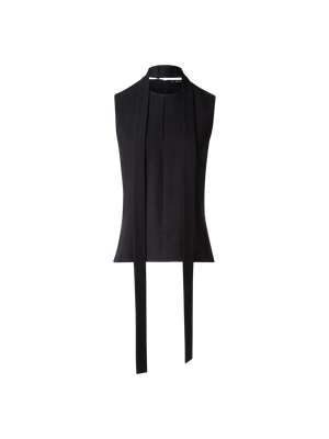 Designer Ärmellose Leinen-Wolle-Bluse mit Schleife - Schwarz