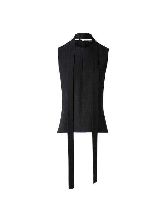 Designer Ärmellose Leinen-Wolle-Bluse mit Schleife - Schwarz