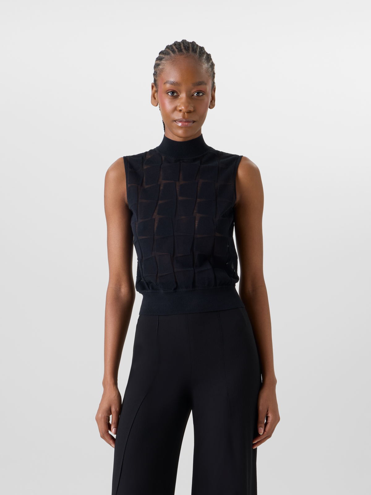 Designer Ärmelloses Stricktop aus tonalem Trapez-Jacquard - Schwarz #editorial