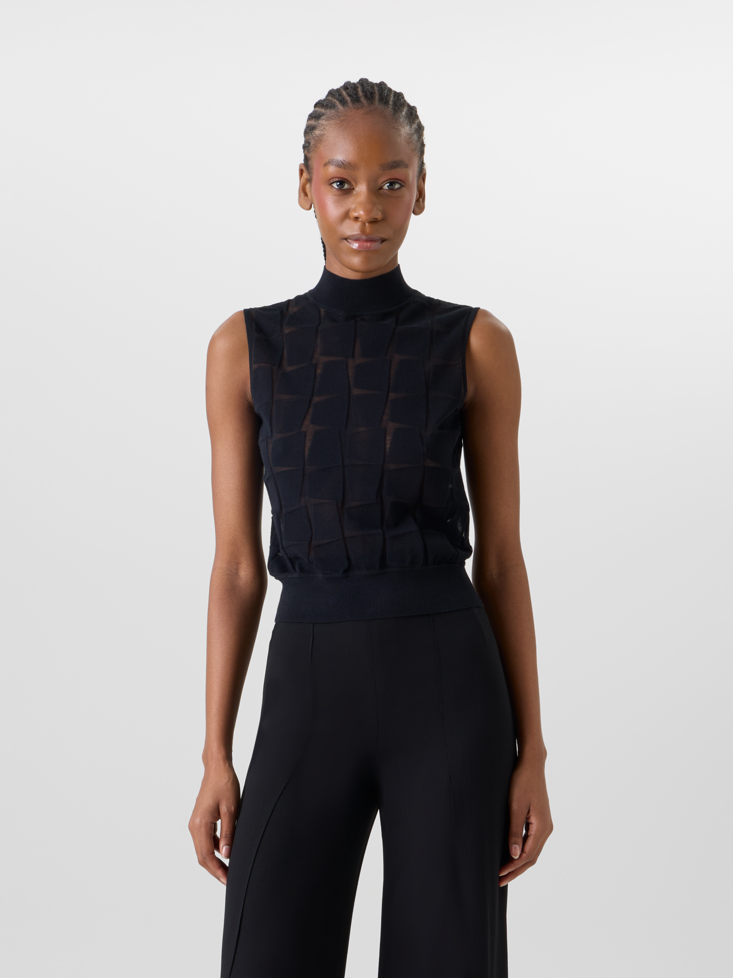 Designer Ärmelloses Stricktop aus tonalem Trapez-Jacquard - Schwarz 
