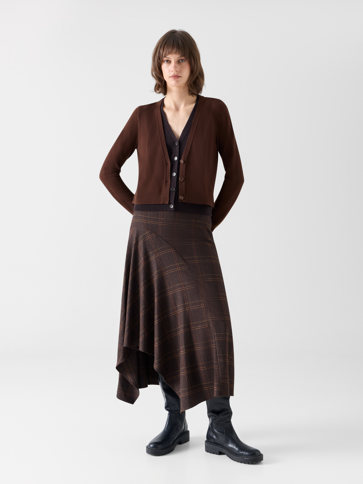 Designer Wolle-Kaschmir Cardigan mit Trompe-l'Oeil V-Einsatz - Braun 