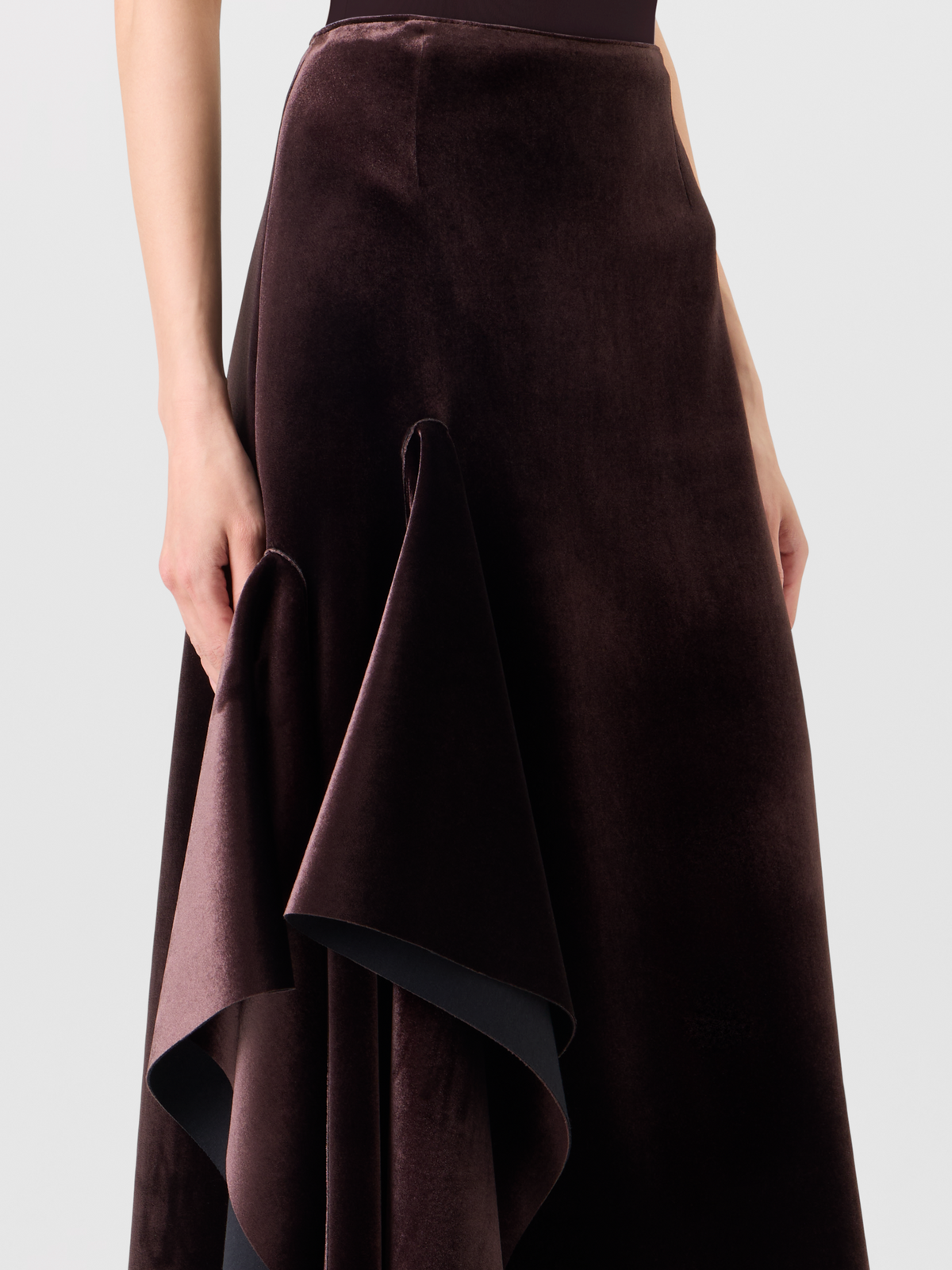Designer Asymmetrischer Midirock aus Samt-Neopren - Weinrot 