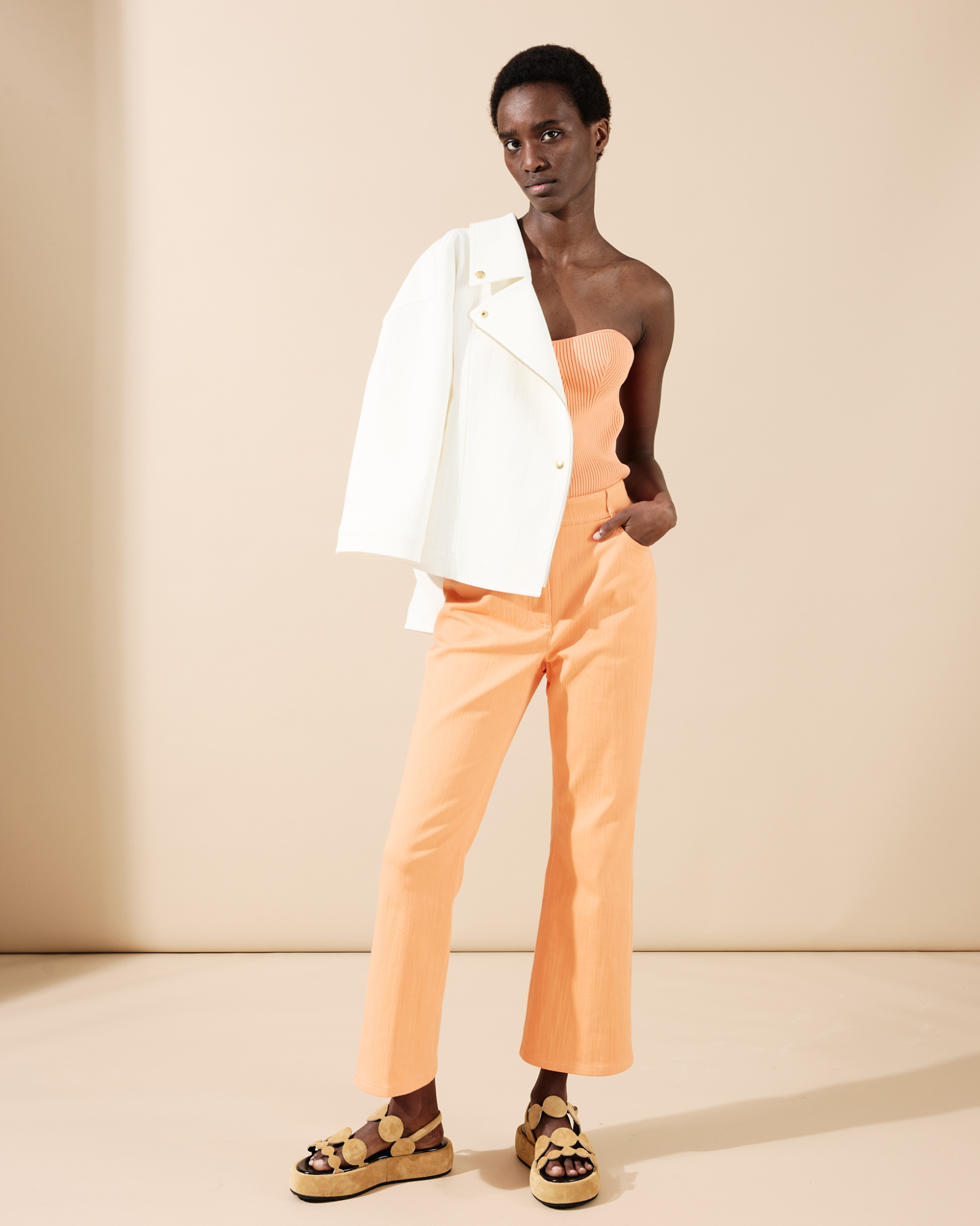 Designer Cropped Schlaghose aus Baumwoll-Denim-Stretch - Orange 