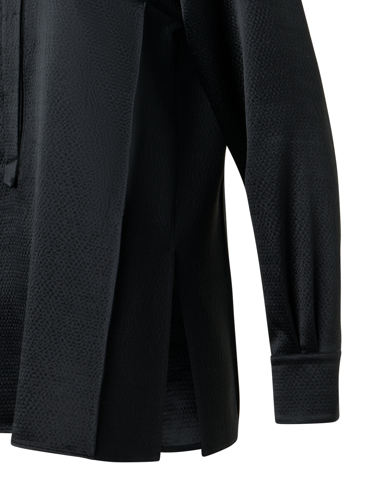 Designer Schlanke Tunika-Bluse aus gehämmertem Seiden-Wollsatin - Schwarz