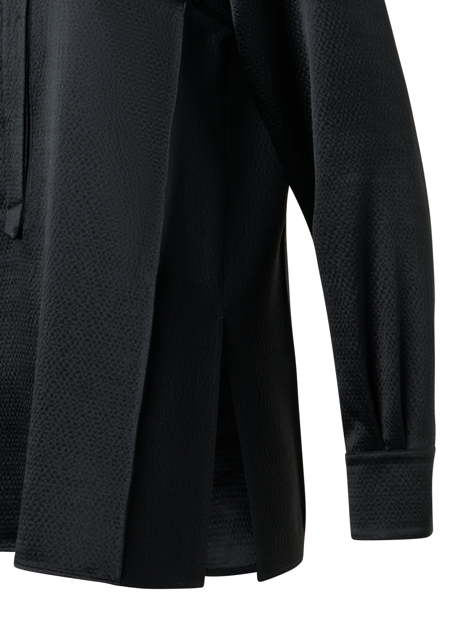 Designer Schlanke Tunika-Bluse aus gehämmertem Seiden-Wollsatin - Schwarz