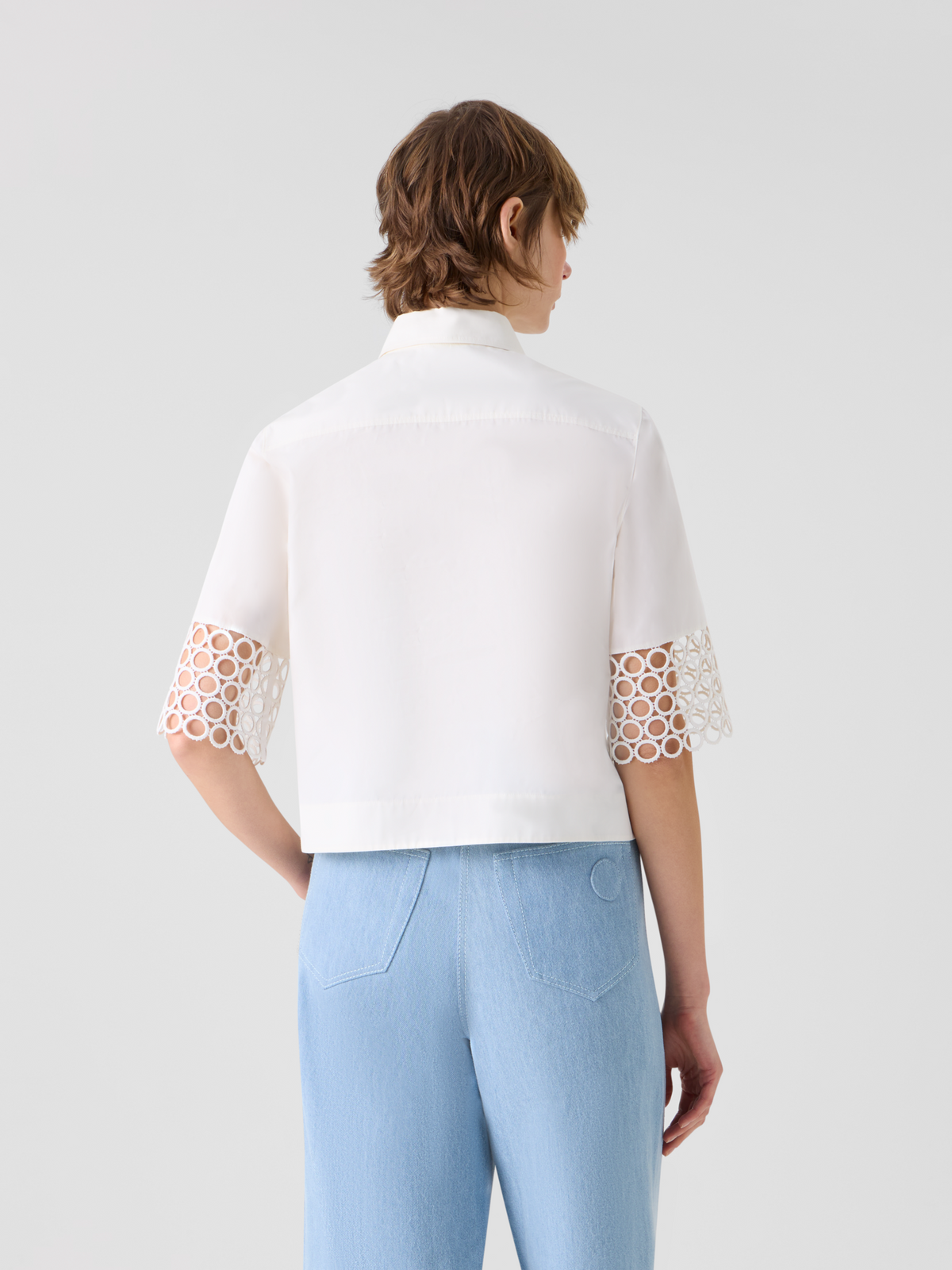 Designer Kastige Baumwollbluse mit Ösen-Guipure - Weiss #editorial