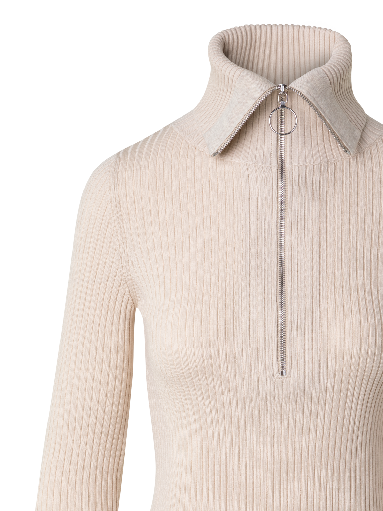 Designer Gerippter Strickpullover mit grossem Kragen - Ecru - Beige - Weiss