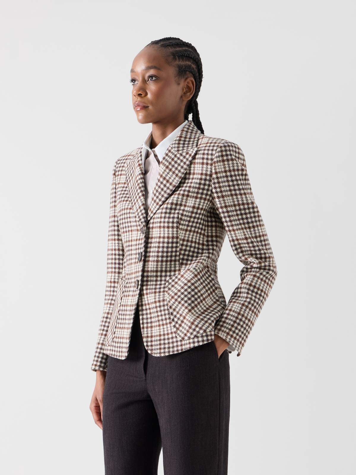 Designer Taillierte Jacke aus kariertem Tweed - Bunt - Braun 