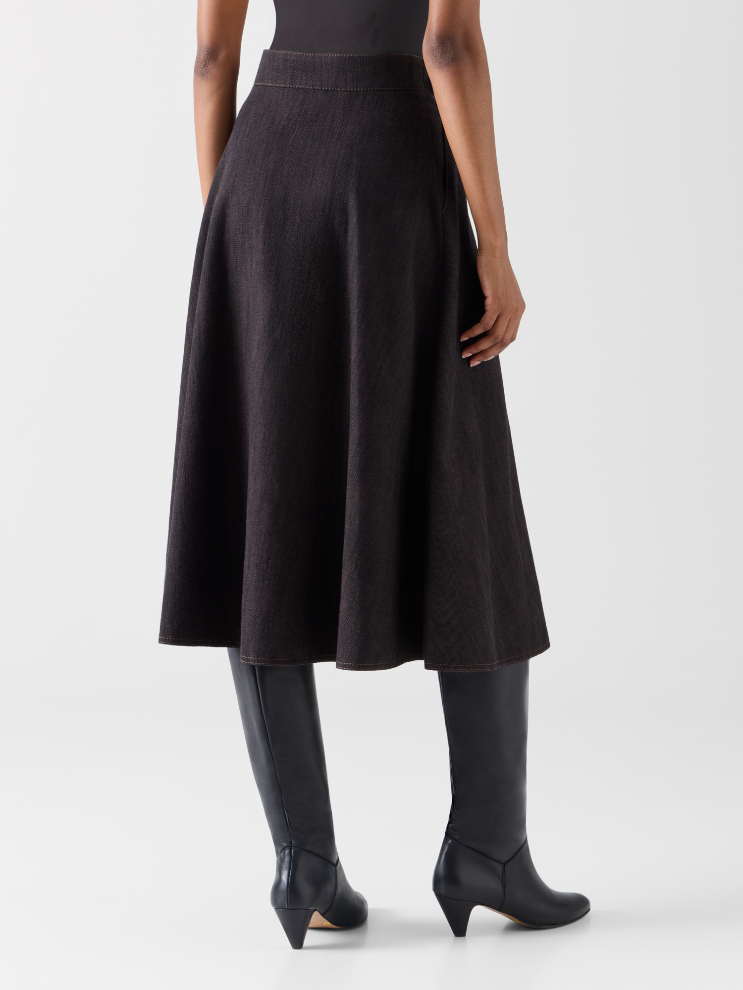 Designer Ausgestellter Midirock aus Winter-Denim - Braun 