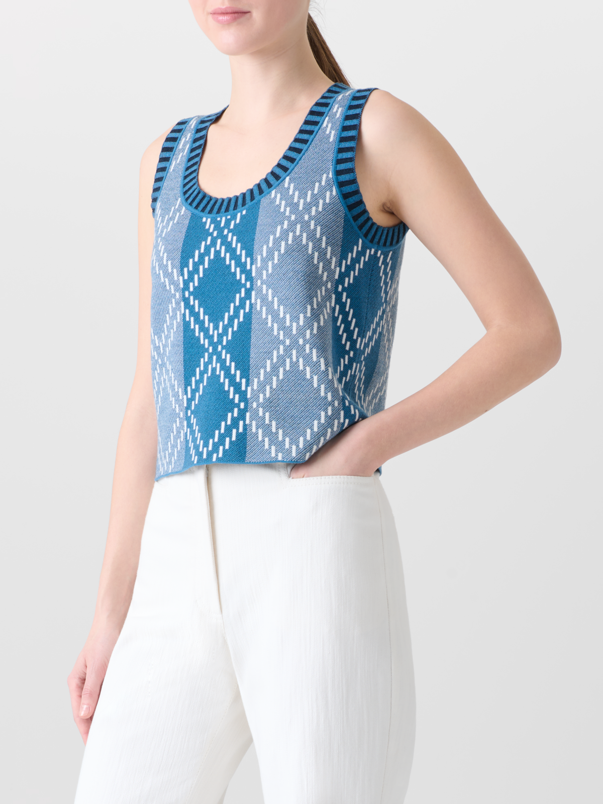 Designer Kurze Merino-Stricktop mit Diamant-Jacquard - Blau - Bunt #editorial