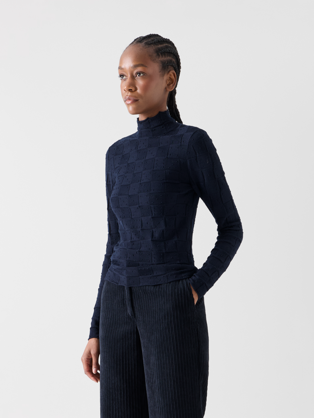Designer Taillierter Wollpullover mit 3D Dice Strick - Dunkelblau #editorial