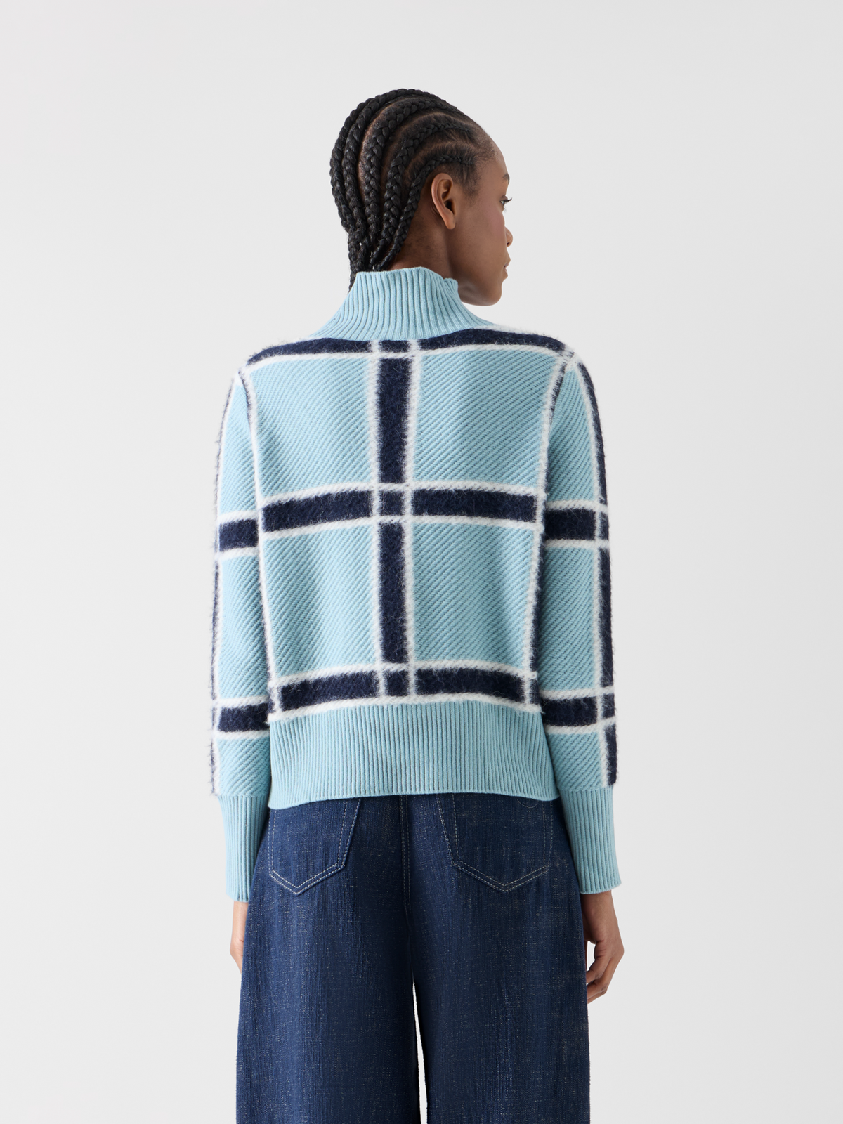 Designer Wolle-Kaschmir Pullover mit Intarsia-Karo - Blau 