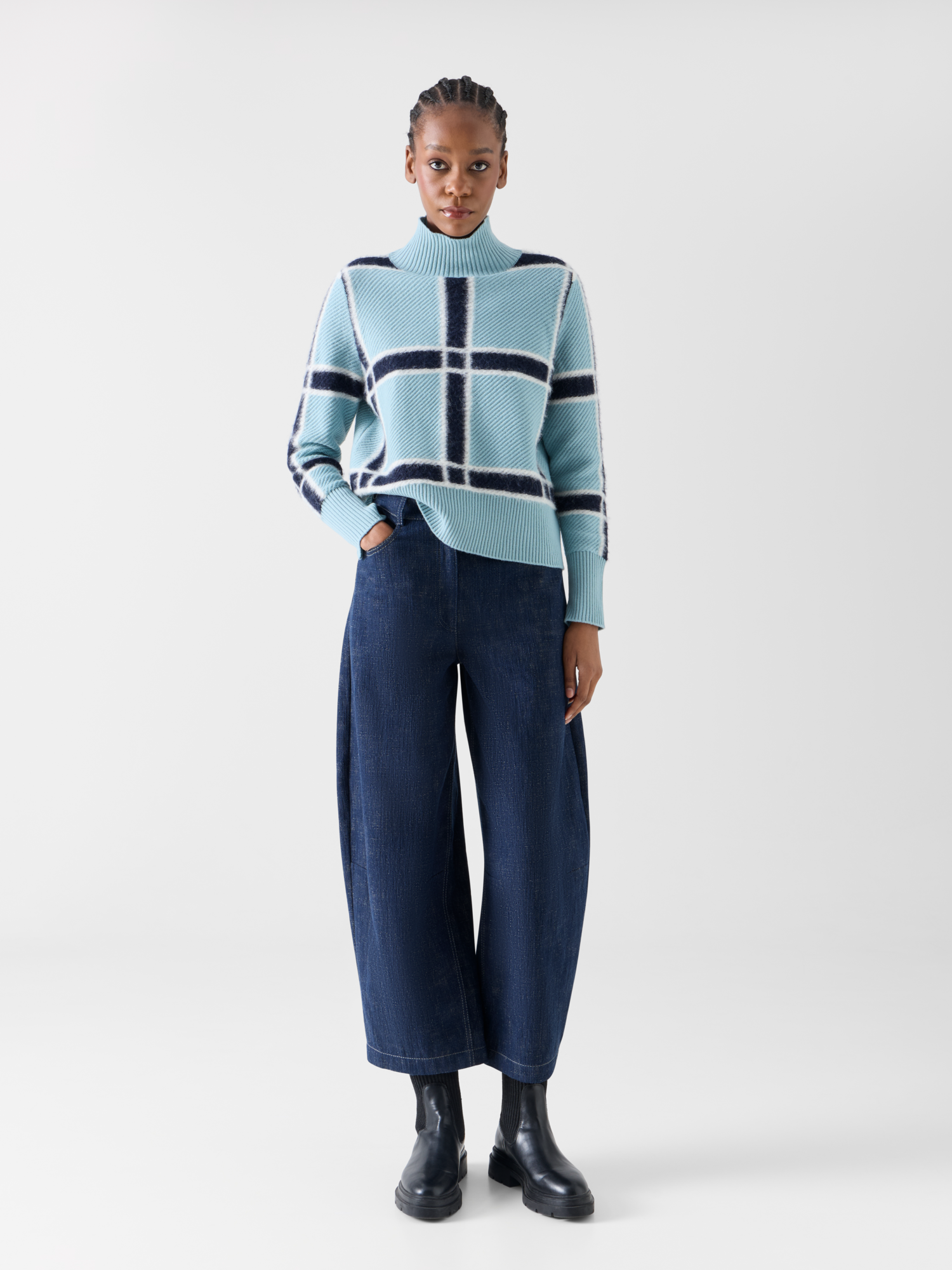 Designer Wolle-Kaschmir Pullover mit Intarsia-Karo - Blau 