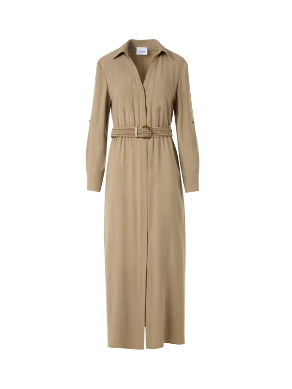 Designer Midi-Hemdblusenkleid aus Peach-Skin-Viskose-Twill - Braun