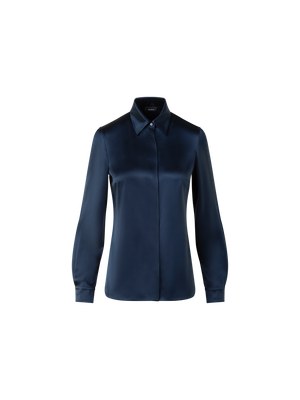 Designer Stretch-Seidensatin Hemdbluse - Dunkelblau - Blau