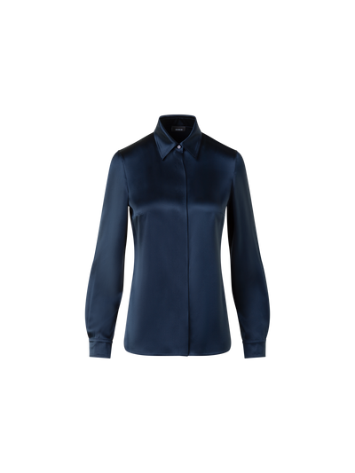 Designer Stretch-Seidensatin Hemdbluse - Dunkelblau - Blau