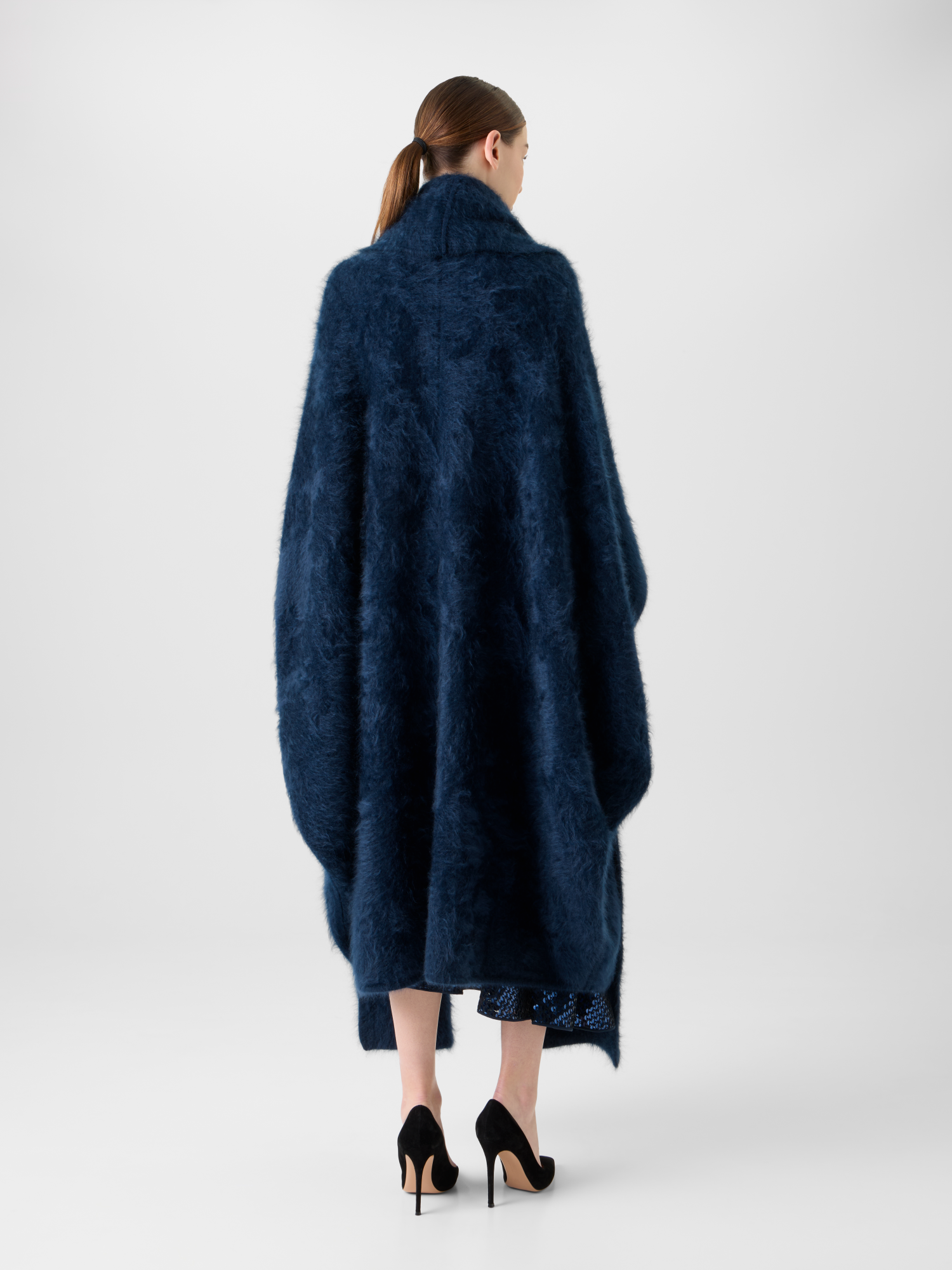 Designer Langes Kaschmir Cape mit Schal-Kapuze - Dunkelblau - Blau 