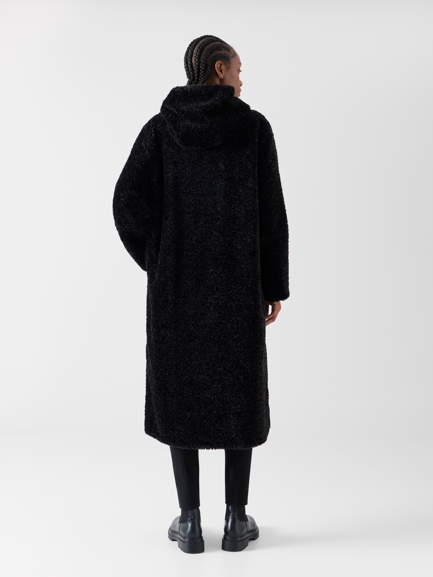 Designer Wendbarer Oversize-Webpelzmantel mit Kapuze - Schwarz 
