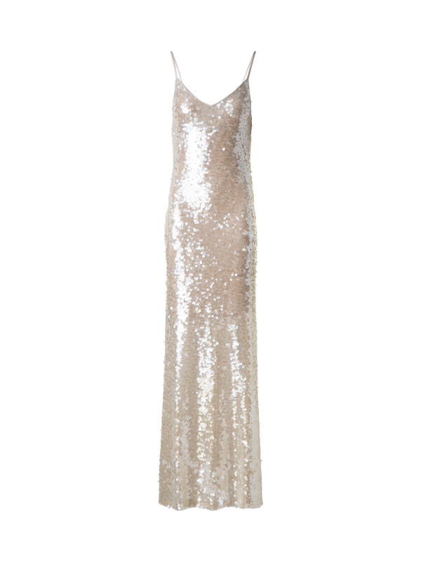 Designer Langes Abendkleid mit Allover Pailletten - Beige